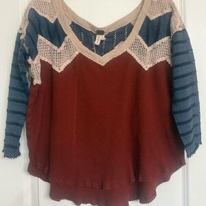 Free People Burgundy, Blue and Cream Knit/Waffle Top